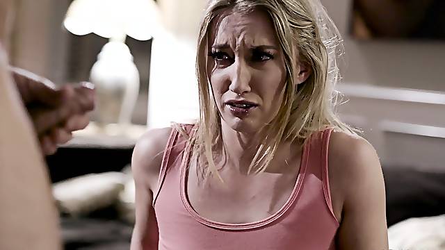 Amateur blonde Riley Reyes drops on her knees to blow and gets fucked