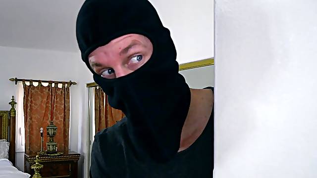 POV home sex with the busty wife and a masked robber