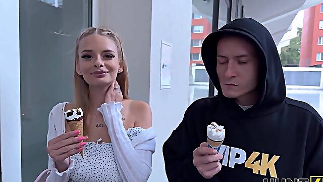 HUNT4K. Blonde chick Naomi Love is showing off her natural boobs and cheating on her BF in front of him