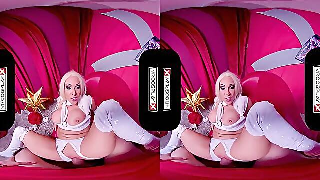 Busty blonde lady, Victoria Summers is dressed up as Emma Frost while riding a rock hard dick
