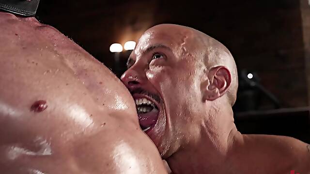 Blindfolded Muscle Hunk Bound and Fucked Hard by Bald Stud