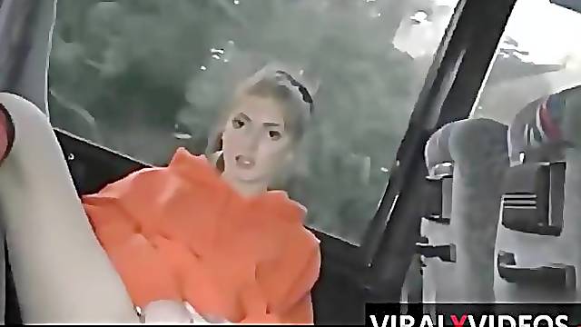 Young doxy masturbates her soaking wet pussy on bus