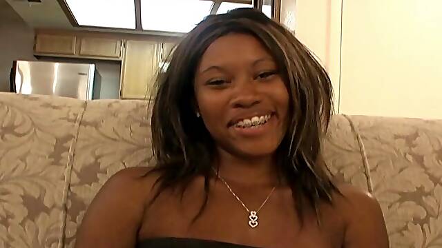 Lecherous amateur ebony with natural tits in a miniskirt giving a racy hand job then gives a blowjob.
