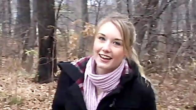 Skinny small tits teen flashes in the woods