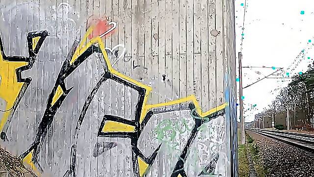 Slapping her naked tits and ass near railway