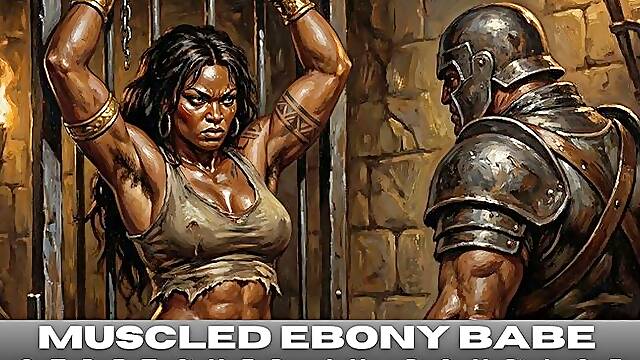 Ebony muscled babe captured and stretched in BDSM dungeon by soldiers