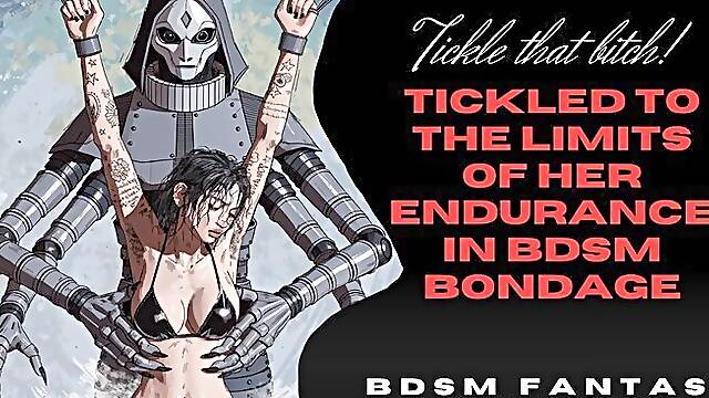 Sexy hairy armpit fit animated dark haired skinny tattooed babe strung up in tight BDSM bondage and tickled to the ends of her endurance