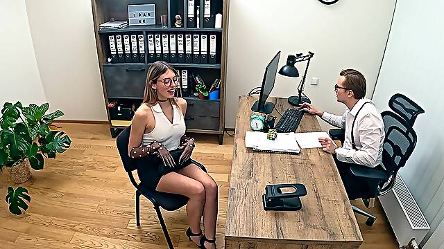 A couple has an office casting with a hot blondie, Fanta Sie.