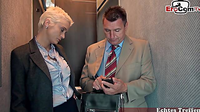 German big tits blonde secretary get anal fuck in lift