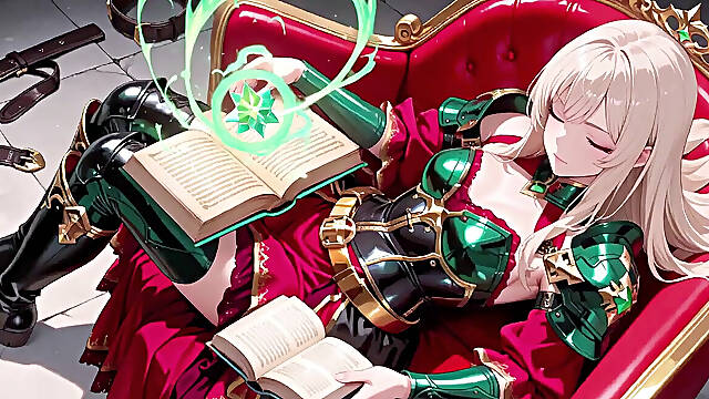 Forbidden Fantasy in Red & Green Armor! Blonde Knight Lounges Seductively While Her Silver -haired Partner Kneels to Serve